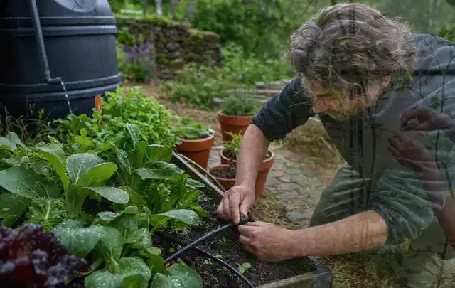 Person stellt die Bewässerung an einem bepflanzten Hochbeet ein; Thema Gardena Bewässerung, Schwerpunkt Gärten mit großer Fläche; Ausgangslage.