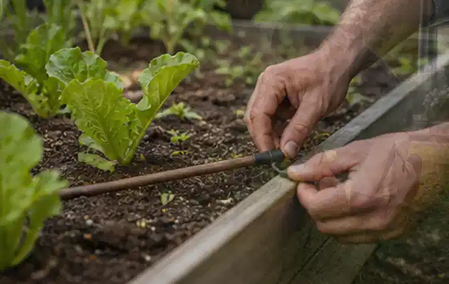 Hände befestigen einen Tropfschlauch nahe an jungen Pflanzen im Hochbeet; Thema Gardena Bewässerung, Schwerpunkt Gärten mit großer Fläche; Umsetzung.