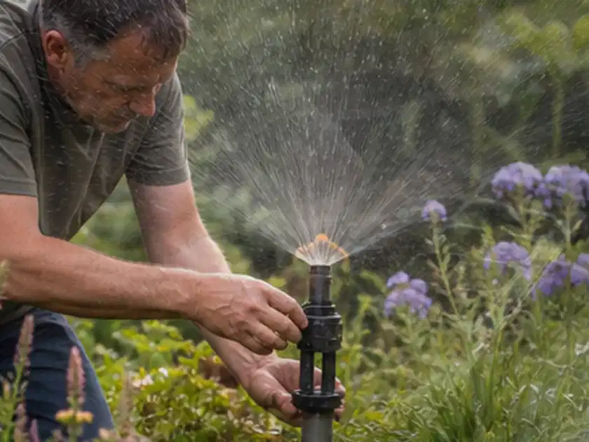 Person richtet einen laufenden Gartensprenger zwischen Stauden präzise aus; Thema Gardena Bewässerung, Schwerpunkt Gärten mit kleiner Fläche; Titelbild.