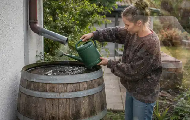 Person kontrolliert ein gefülltes Regenfass unter einem Fallrohr am Haus; Thema Gardena Bewässerung, Schwerpunkt Gärten mit kleiner Fläche; Ausgangslage.