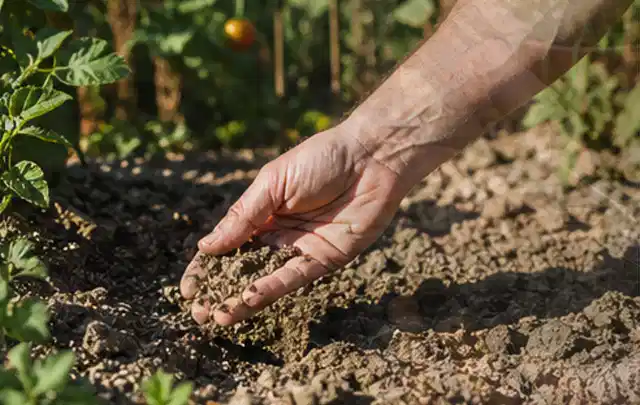 Hand prüft trockene krümelige Gartenerde während einer warmen Sommerphase; Thema Gardena Bewässerung, Schwerpunkt Gärten mit kleiner Fläche; Ergebnis.