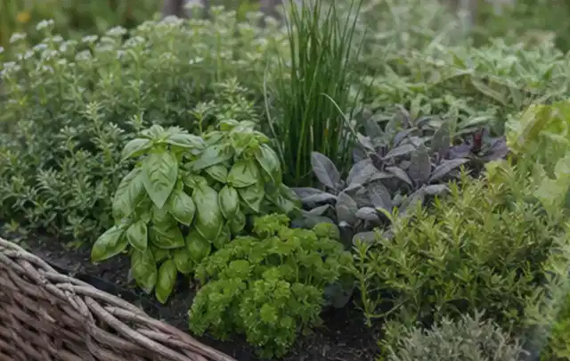Dichtes Hochbeet mit Basilikum Schnittlauch Petersilie Salbei und weiteren Küchenkräutern; Thema Gardena Bewässerung, Schwerpunkt Gärten mit kleiner…