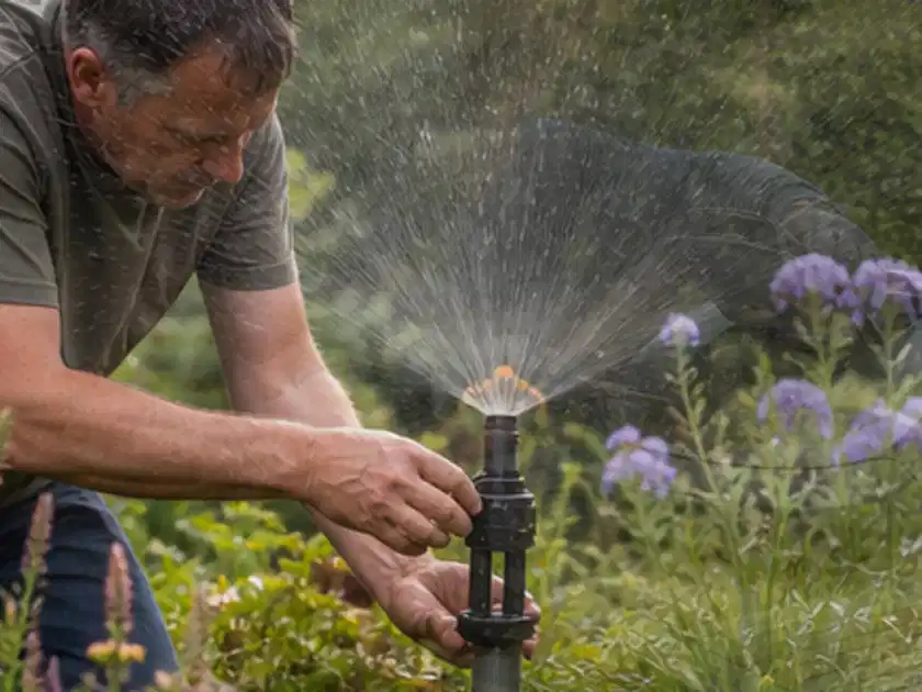 Person richtet einen laufenden Gartensprenger zwischen Stauden präzise aus; Thema Gardena Bewässerung, Schwerpunkt Kosten; Titelbild.