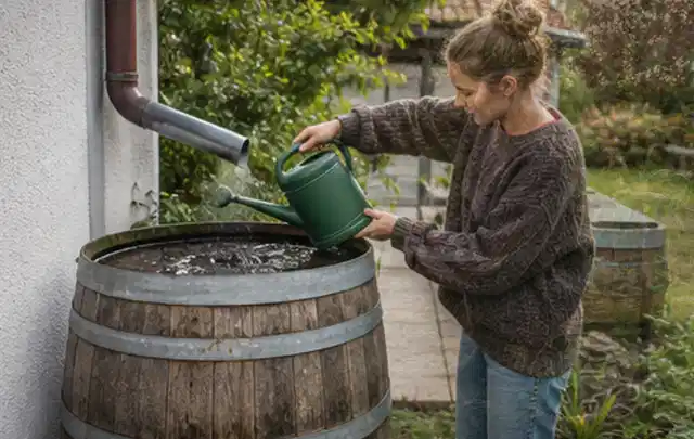 Person kontrolliert ein gefülltes Regenfass unter einem Fallrohr am Haus; Thema Gardena Bewässerung, Schwerpunkt Leistung; Umsetzung.