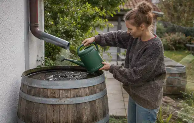 Person kontrolliert ein gefülltes Regenfass unter einem Fallrohr am Haus; Thema Gardena Bewässerung, Schwerpunkt Nachhaltigkeit; Ausgangslage.