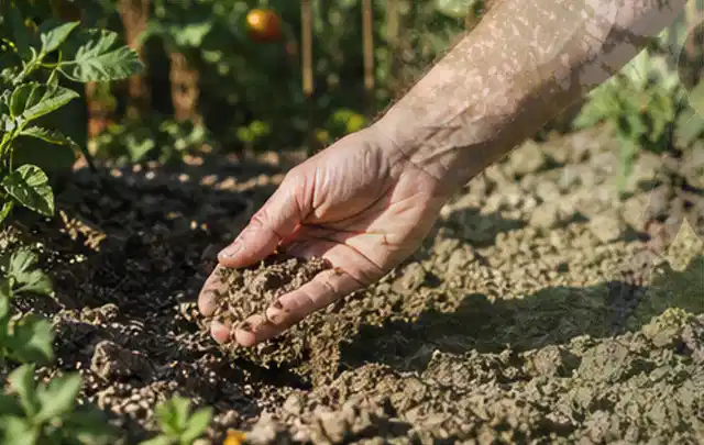 Hand prüft trockene krümelige Gartenerde während einer warmen Sommerphase; Thema Gardena Bewässerung, Schwerpunkt Nachhaltigkeit; Umsetzung.