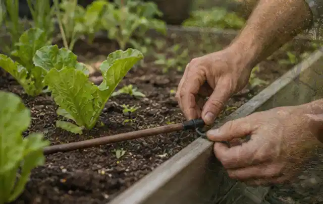 Hände befestigen einen Tropfschlauch nahe an jungen Pflanzen im Hochbeet; Thema Gardena Bewässerung, Schwerpunkt Nachhaltigkeit; Praxisalltag.