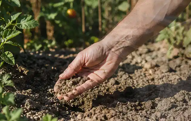 Hand prüft trockene krümelige Gartenerde während einer warmen Sommerphase; Thema Gardena Bewässerung, Schwerpunkt Reinigung; Ausgangslage.