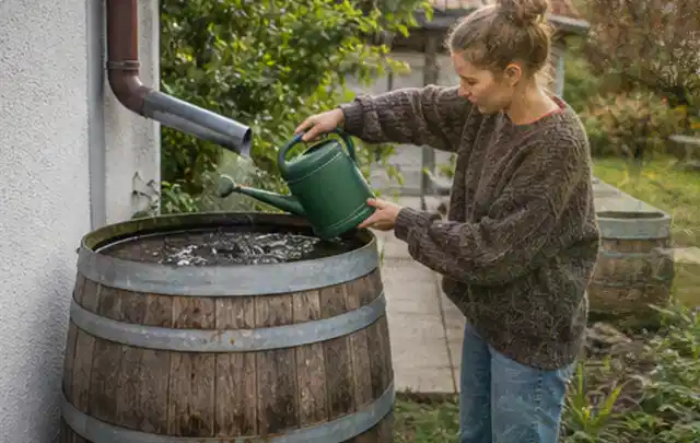 Person kontrolliert ein gefülltes Regenfass unter einem Fallrohr am Haus; Thema Gardena Bewässerung, Schwerpunkt Reparatur; Umsetzung.