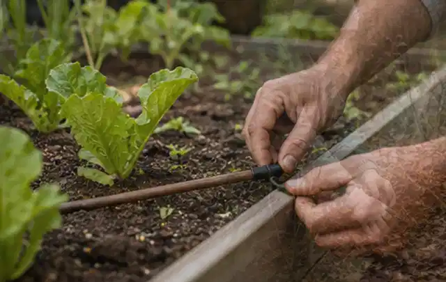 Hände befestigen einen Tropfschlauch nahe an jungen Pflanzen im Hochbeet; Thema Gardena Bewässerung, Schwerpunkt Reparatur; Kontrolle.