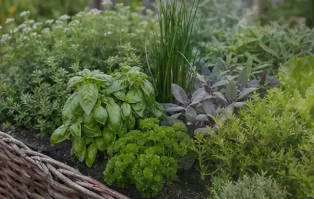 Dichtes Hochbeet mit Basilikum Schnittlauch Petersilie Salbei und weiteren Küchenkräutern; Thema Gardena Bewässerung, Schwerpunkt Reparatur; Praxisalltag.