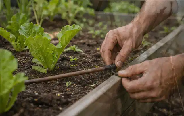 Hände befestigen einen Tropfschlauch nahe an jungen Pflanzen im Hochbeet; Thema Gardena Bewässerung, Schwerpunkt Systemvergleich; Ergebnis.