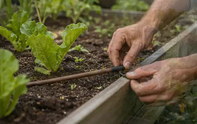 Hände befestigen einen Tropfschlauch nahe an jungen Pflanzen im Hochbeet; Thema Gardena Bewässerung, Schwerpunkt Testkriterien; Ergebnis.