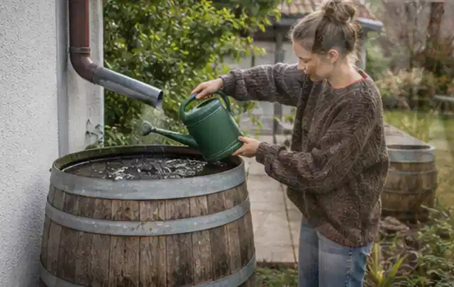 Person kontrolliert ein gefülltes Regenfass unter einem Fallrohr am Haus; Thema Gardena Bewässerung, Schwerpunkt Testkriterien; Praxisalltag.
