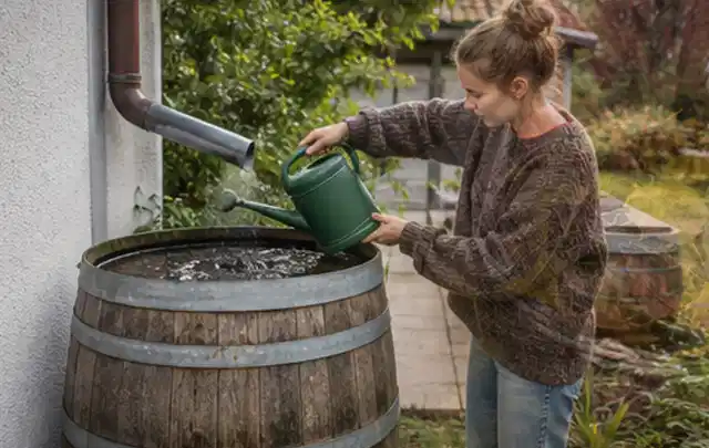 Person kontrolliert ein gefülltes Regenfass unter einem Fallrohr am Haus; Thema Gardena Bewässerung, Schwerpunkt Vergleich; Praxisalltag.