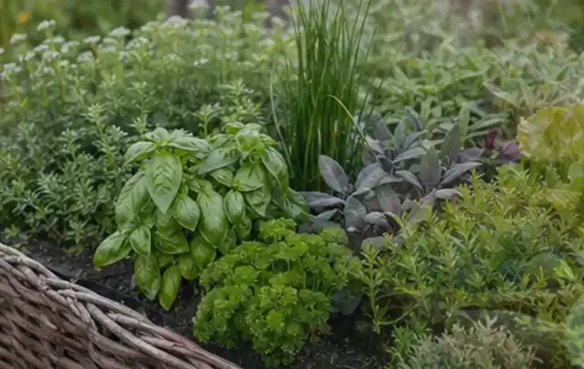 Dichtes Hochbeet mit Basilikum Schnittlauch Petersilie Salbei und weiteren Küchenkräutern; Thema Gardena Bewässerung, Schwerpunkt Wartung; Kontrolle.