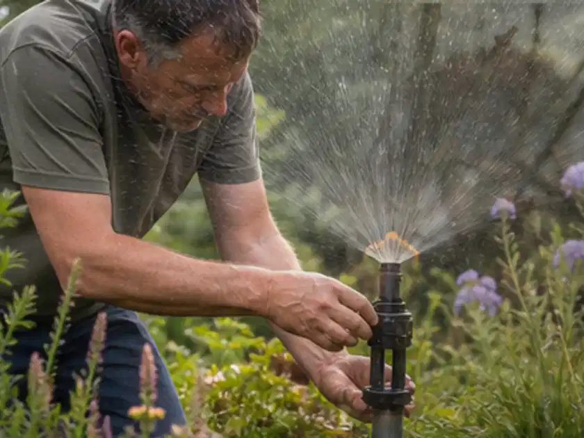 Person richtet einen laufenden Gartensprenger zwischen Stauden präzise aus; Thema Gardena Bewässerung, Schwerpunkt Winterlager; Titelbild.