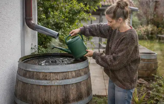 Person kontrolliert ein gefülltes Regenfass unter einem Fallrohr am Haus; Thema Gardena Bewässerung, Schwerpunkt Winterlager; Ausgangslage.