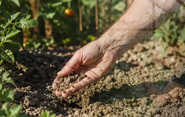 Hand prüft trockene krümelige Gartenerde während einer warmen Sommerphase; Thema Gardena Bewässerung, Schwerpunkt Winterlager; Umsetzung.
