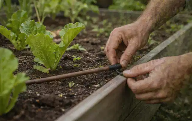 Hände befestigen einen Tropfschlauch nahe an jungen Pflanzen im Hochbeet; Thema Gardena Bewässerung, Schwerpunkt Winterlager; Ergebnis.
