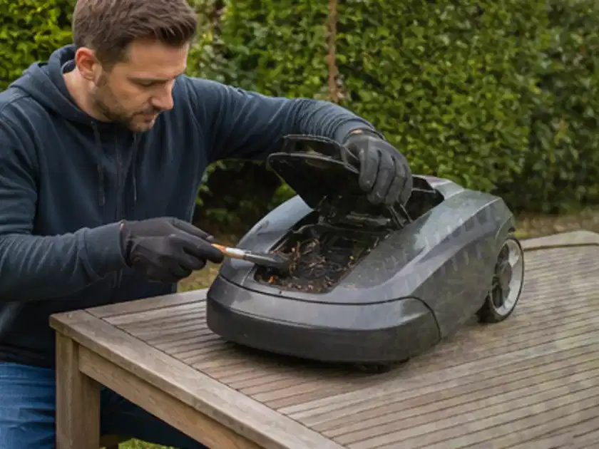 Person wartet einen geöffneten Mähroboter auf einem stabilen Gartentisch; Thema Gardena Sileno, Schwerpunkt Anwendung; Titelbild.