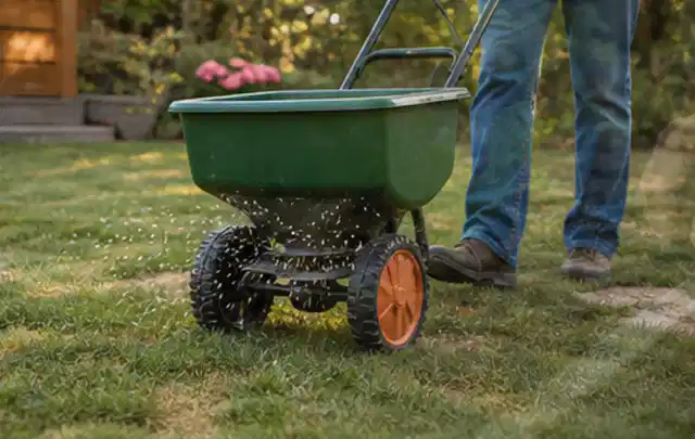 Person verteilt Rasensamen mit einem Streuwagen auf einer lückigen Fläche; Thema Gardena Sileno, Schwerpunkt Checkliste; Ausgangslage.