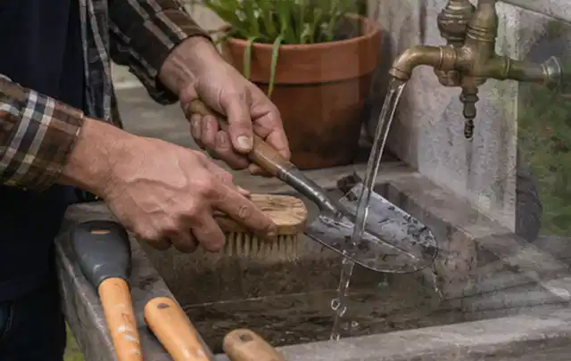 Hände reinigen gebrauchte Gartengeräte mit Bürste und Wasser am Außenbecken; Thema Gardena Sileno, Schwerpunkt Checkliste; Umsetzung.