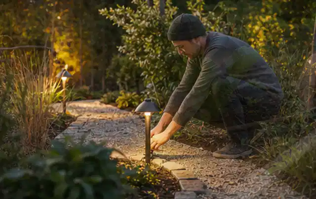 Person richtet eine niedrige warm leuchtende Gartenlampe am Kiesweg aus; Thema Gardena Sileno, Schwerpunkt Dimensionierung; Umsetzung.