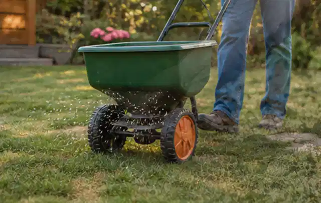 Person verteilt Rasensamen mit einem Streuwagen auf einer lückigen Fläche; Thema Gardena Sileno, Schwerpunkt Dimensionierung; Ergebnis.
