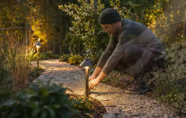 Person richtet eine niedrige warm leuchtende Gartenlampe am Kiesweg aus; Thema Gardena Sileno, Schwerpunkt Gärten mit kleiner Fläche; Praxisalltag.