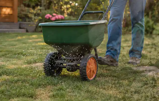 Person verteilt Rasensamen mit einem Streuwagen auf einer lückigen Fläche; Thema Gardena Sileno, Schwerpunkt Kaufberatung; Praxisalltag.