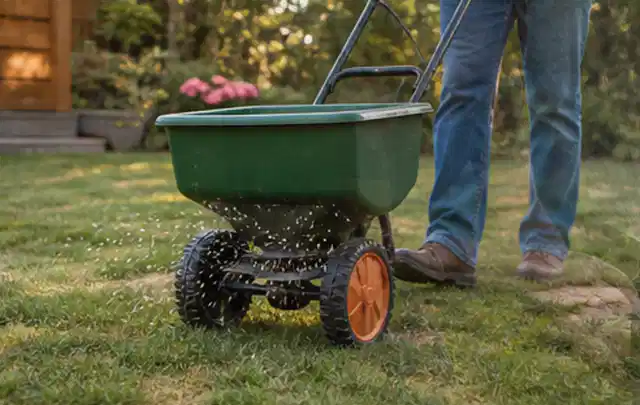 Person verteilt Rasensamen mit einem Streuwagen auf einer lückigen Fläche; Thema Gardena Sileno, Schwerpunkt Kosten; Ausgangslage.