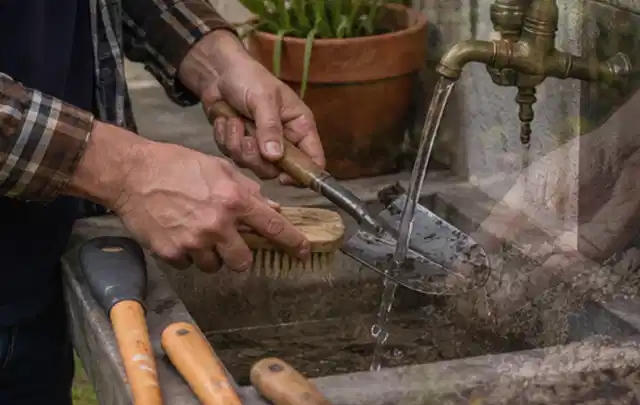 Hände reinigen gebrauchte Gartengeräte mit Bürste und Wasser am Außenbecken; Thema Gardena Sileno, Schwerpunkt Kosten; Ergebnis.
