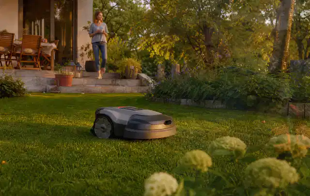 Mähroboter fährt am Abend über einen Rasen im Familiengarten; Thema Gardena Sileno, Schwerpunkt Leistung; Kontrolle.