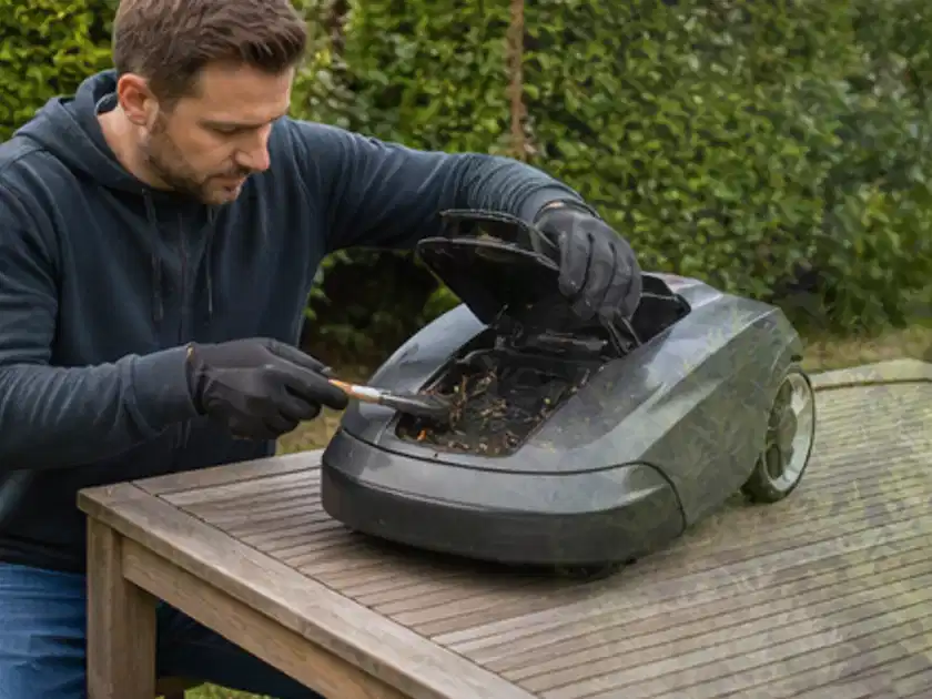 Person wartet einen geöffneten Mähroboter auf einem stabilen Gartentisch; Thema Gardena Sileno, Schwerpunkt Nachhaltigkeit; Titelbild.