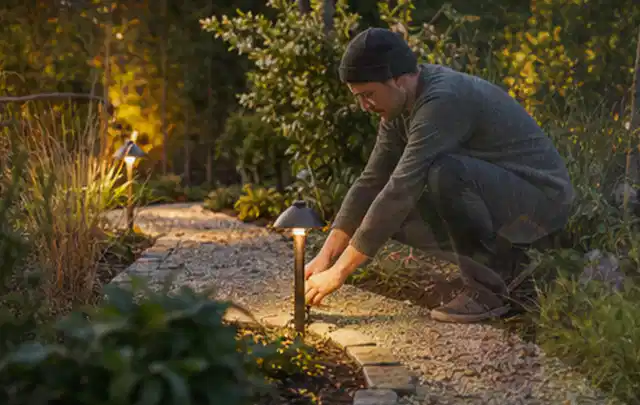 Person richtet eine niedrige warm leuchtende Gartenlampe am Kiesweg aus; Thema Gardena Sileno, Schwerpunkt Reinigung; Kontrolle.