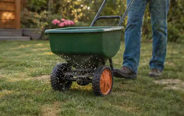Person verteilt Rasensamen mit einem Streuwagen auf einer lückigen Fläche; Thema Gardena Sileno, Schwerpunkt Reinigung; Praxisalltag.