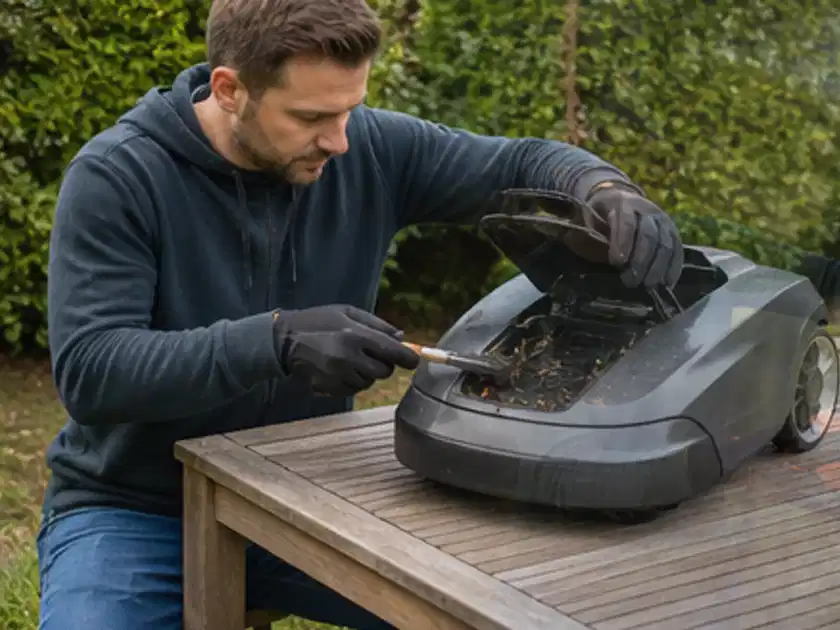 Person wartet einen geöffneten Mähroboter auf einem stabilen Gartentisch; Thema Gardena Sileno, Schwerpunkt Sicherheit; Titelbild.