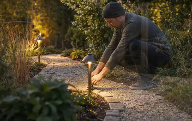 Person richtet eine niedrige warm leuchtende Gartenlampe am Kiesweg aus; Thema Gardena Sileno, Schwerpunkt Sicherheit; Kontrolle.
