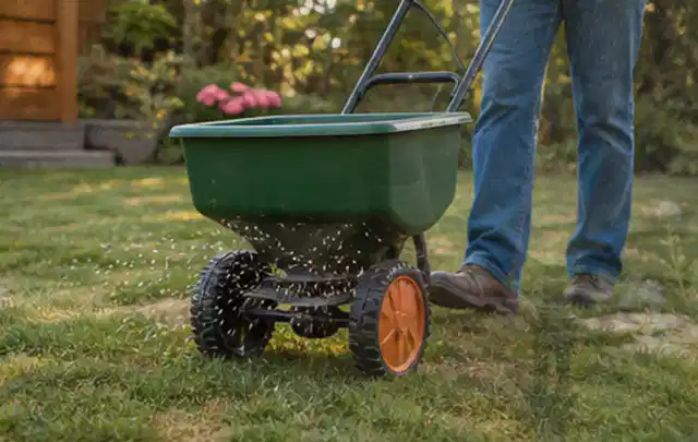 Person verteilt Rasensamen mit einem Streuwagen auf einer lückigen Fläche; Thema Gardena Sileno, Schwerpunkt Systemvergleich; Ausgangslage.