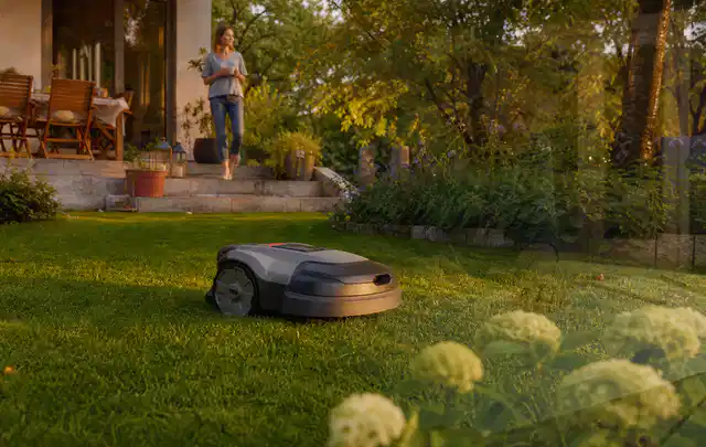 Mähroboter fährt am Abend über einen Rasen im Familiengarten; Thema Gardena Sileno, Schwerpunkt Systemvergleich; Praxisalltag.