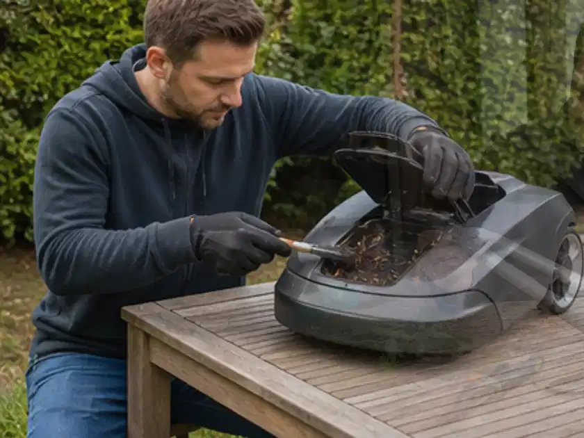 Person wartet einen geöffneten Mähroboter auf einem stabilen Gartentisch; Thema Gardena Sileno, Schwerpunkt Testkriterien; Titelbild.