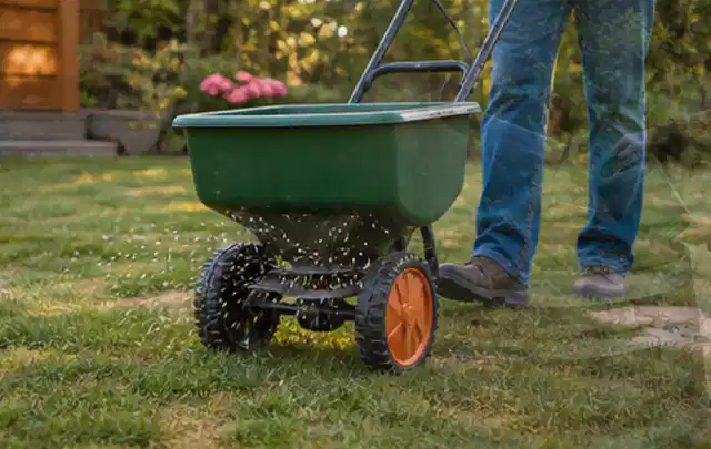 Person verteilt Rasensamen mit einem Streuwagen auf einer lückigen Fläche; Thema Gardena Sileno, Schwerpunkt Testkriterien; Praxisalltag.