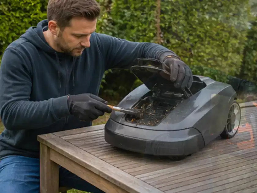 Person wartet einen geöffneten Mähroboter auf einem stabilen Gartentisch; Thema Gardena Sileno, Schwerpunkt Vergleich; Titelbild.