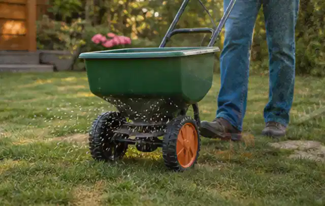 Person verteilt Rasensamen mit einem Streuwagen auf einer lückigen Fläche; Thema Gardena Sileno, Schwerpunkt Vergleich; Ausgangslage.
