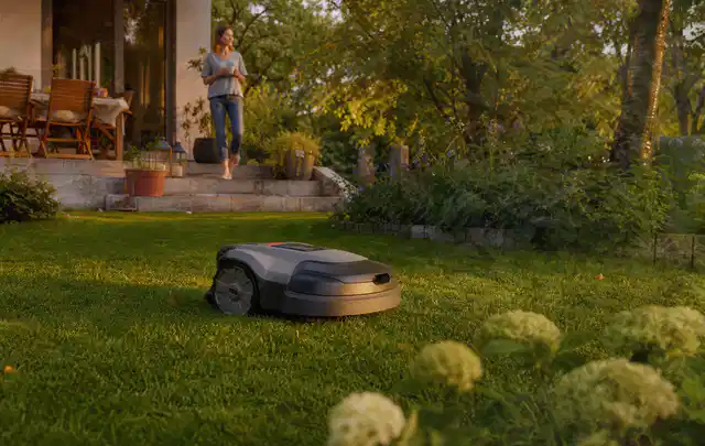 Mähroboter fährt am Abend über einen Rasen im Familiengarten; Thema Gardena Sileno, Schwerpunkt Vergleich; Kontrolle.