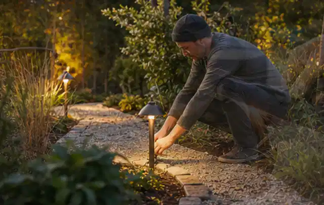 Person richtet eine niedrige warm leuchtende Gartenlampe am Kiesweg aus; Thema Gardena Sileno, Schwerpunkt Vergleich; Praxisalltag.