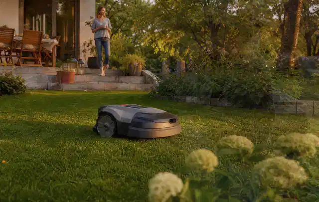 Mähroboter fährt am Abend über einen Rasen im Familiengarten; Thema Gardena Sileno, Schwerpunkt Wartung; Ergebnis.