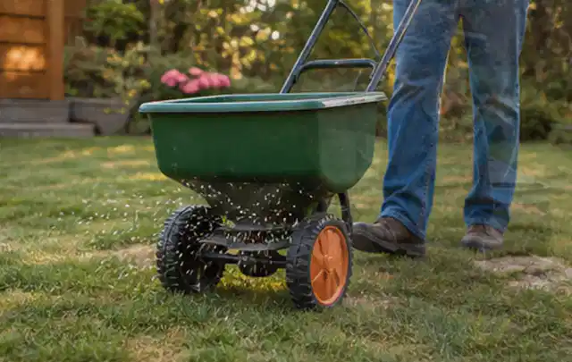 Person verteilt Rasensamen mit einem Streuwagen auf einer lückigen Fläche; Thema Gardena Sileno, Schwerpunkt Winterlager; Umsetzung.