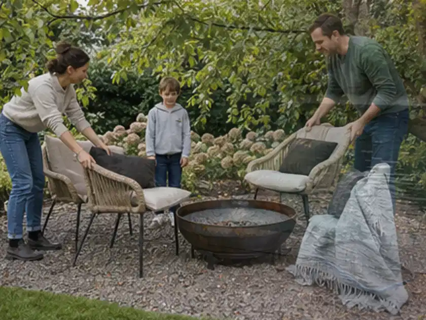 Familie stellt wetterfeste Sessel an einem geschützten Sitzplatz im Garten auf; Thema Garten am Neubau, Schwerpunkt Anleitung; Titelbild.